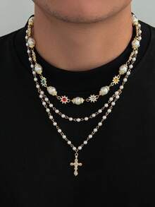 Set de 2 collares con colgante de cruz y flor de perlas falsas estilo hip-hop para hombres, collar gargantilla de moda de alta gama y personalizado, adecuado para universidad, fiesta, reunión, combinado con suéter, chaqueta de cuero en otoño/invierno - 06839 - Ver 5