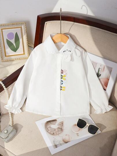 女童优雅白色长袖刺绣兔耳衬衫，秋季