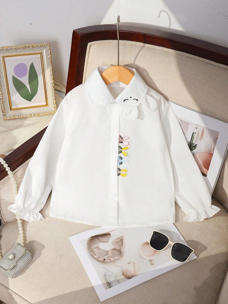 女童优雅白色长袖刺绣兔耳衬衫，秋季 - 白色 - 查看 1