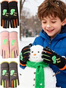 1 双儿童卡通恐龙手套 - 保暖露指冬季手套，男女童通用，黑色带彩色条纹，非常适合户外玩耍和节日礼物（万圣节/圣诞节/感恩节），儿童户外装备 | 趣味儿童设计 | 耐用儿童手套，儿童手套，颜色随机