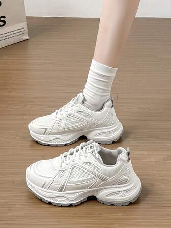 New Women Chunky Sneakers Outdoor Casual Sports Shoes Lace-Up Breathable Mesh Patchwork Platform Comfortable Shock Absorbing Non-Slip Durable Shoes