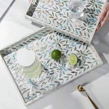1 pieza/2 piezas Bandeja rectangular con incrustaciones de conchas con forma de hoja azul, plato decorativo de conchas de colores hecho a mano para frutas, joyería, almacenamiento de escritorio en el hogar, decoración de fiestas de Navidad y Halloween, regalo - Celeste - Ver 3