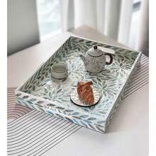 1 pieza/2 piezas Bandeja rectangular con incrustaciones de conchas con forma de hoja azul, plato decorativo de conchas de colores hecho a mano para frutas, joyería, almacenamiento de escritorio en el hogar, decoración de fiestas de Navidad y Halloween, regalo - Celeste - Ver 8