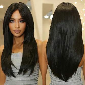 深棕色分层合成假发，带刘海，长款自然直发，适合日常角色扮演，耐热纤维材质。