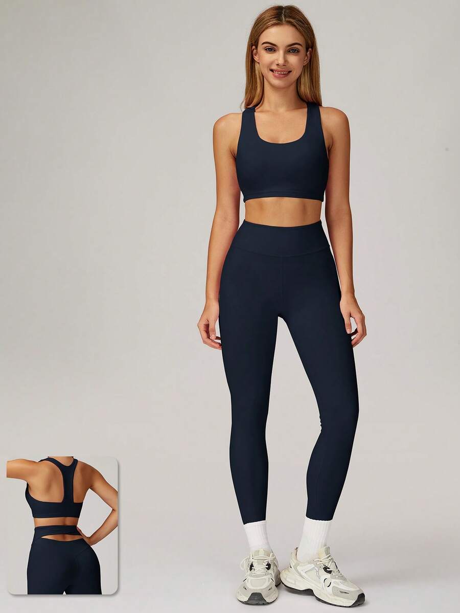 MASKERT Damen Sport Set: Racerback stoßfester Sport-BH und hochgeschnittene Yoga-Leggings, barfußgefühl, hautfreundlich und bequem, 2 Stücke Set für Fitness und Training