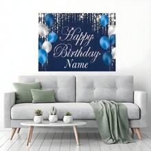 可定制姓名和生日主题背景幕布，蓝色背景饰以气球和闪亮钻石，是生日派对蛋糕桌装饰、摄影横幅道具、乙烯基材质和旅行收纳包的理想之选。 - 藍色 - 查看 10
