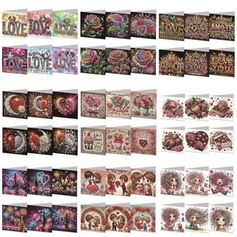 1pc/9pcs DIY Diamond Painting Card Kit, Valentine's Day LOVE Theme Couple Rose Bouquet Chocolate Heart Dog Design, Diamond Art Mosaic Postcard, Holiday Greeting Card, Suitable For Thanksgiving, Birthday, Christmas, Valentine's Day, Easter, Mother's Day To Express Warm Blessings And Best Wishes, Great For Family, Friends And Couples Holiday Party Invitations, Handcraft Gift Set Diamond Painting Kit With Envelopes