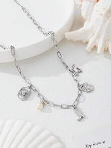 2 Juegos, Collar de cadena de perlas asimétrico vintage, Colgante de sombrero y botas vaqueras, Pulsera de estilo occidental