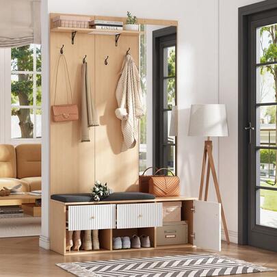 120*40*200cm Multifunctional Tall Wardrobe Set Made Of Wood, Wardrobe With Mirror, Shoe Bench, Cushion, Shoe Cabinet, Drawer, Shelf And Clothes Rack, Wood Color + White