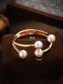 1pc Minimalist Chic Pearl Geometric Open Cuff Bracelet, Versatile For Daily Wear And Getaway, Suitable As Gift For Friends And Families - Yellow Gold - View 6