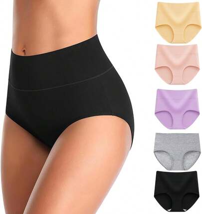 Ropa Interior de Algodón para Mujer, Cintura Alta, Calzones Postparto Cesarea, Suave, Transpirable, Cobertura Completa, Elástica, 5 Piezas
