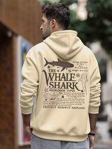 K-GLORY 男士宽松连帽衫，鲸鲨科普印花，秋冬款 - 杏色 - 查看 3