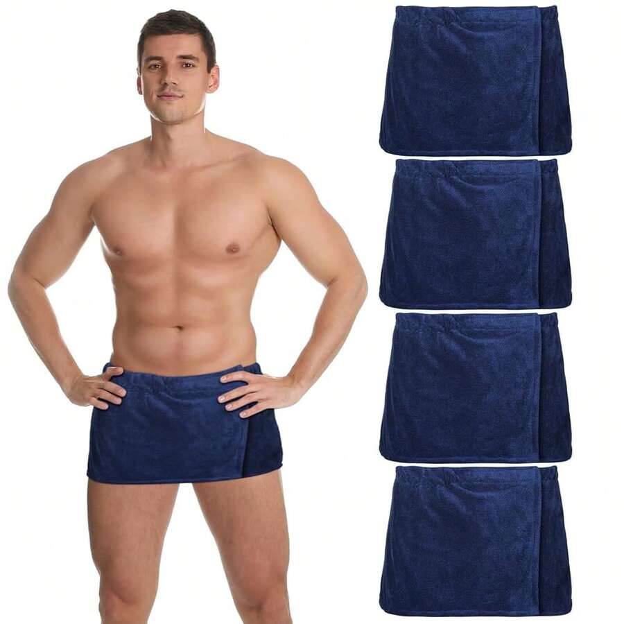 Mixweer 4 Pcs Mens Wearable Bath Towel Wrap Short Pants 11.81'' Mens Towel Shower Wrap With Closure For Bathroom Shower Spa Gym(Dark Blue,Coral Fleece){Inchcolor_nameinch:InchDarkBlueinch} - 深藍色 - 查看 1