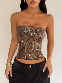 Women's Leopard Print Sequin Camisole Top, Minimalist And Fashionable - Yellow - View 4