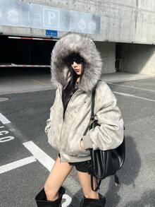 New For 2026: Hooded, Fur-Collared, Padded Coat For Couples, Unisex, Tie-Dye, Thick, Warm Outerwear, Cold Weather, Versatile, Cotton Jacket, Unisex Down Jacket, Plain, Casual, Fuzzy, Zipper, Pockets, Perfect For Everyday Wear - Light Grey - View 15