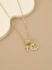 1pc Fashionable Cubic Zirconia Geometric Stainless Steel Necklace For Women, Suitable For Daily Wear, Featuring Starfish, Shell, Footprint, 8-Petal Flower, Butterfly, Lotus, 8-Pointed Star, Sunflower, Coin Badge, Gold-Tone Jewelry, High-Quality Gold-Plated Necklace, Women's Gold Accessories, Halloween Gift, Christmas Gift - Alphabet Moon - View 2