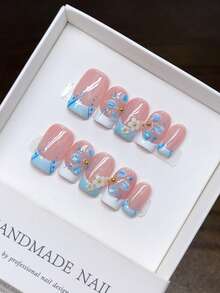 10pcs Handmade Square Nail Stickers, Hand-Painted Blue & White Porcelain French Manicure, High-Quality Minimalist Design, Full Coverage Fake Nails, Press-On Nail Stickers - Multicolor - View 3