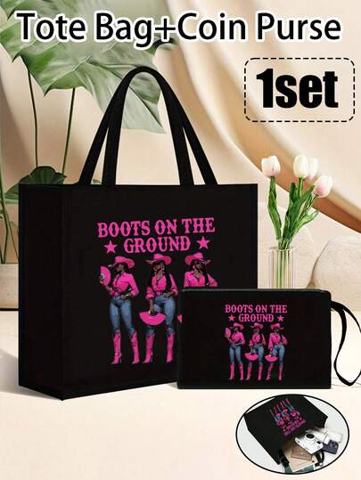 Large Capacity Fashion Linen Tote Bag And Storage Bag Set,Fashion"Boots On The Ground" And Fashionable Women'S Prints,Fashionable Women,Durable Reusable Multi-Functional Travel Bag Water-Resistant, Easy-Clean Fabric With Multiple Pockets Including Large And Small Wallets