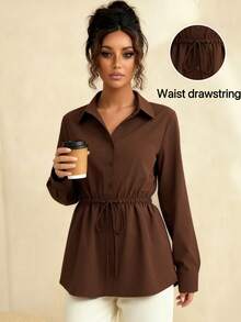 Stilvolle Damen Blusen Elegantes braunes Langarmhemd mit geraffter Taille, Neujahrskleider, braune Bluse