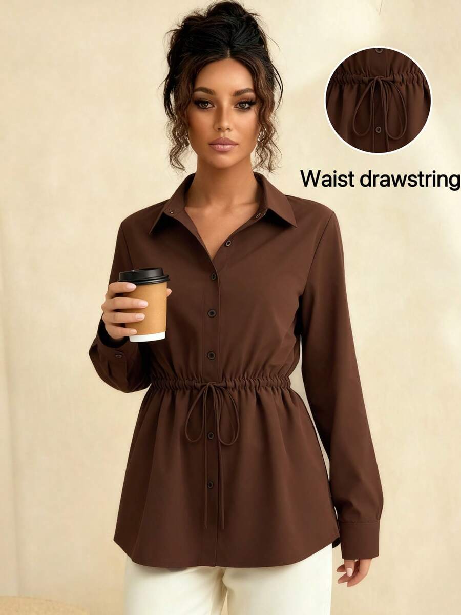 Stilvolle Damen Blusen Elegantes braunes Langarmhemd mit geraffter Taille, Neujahrskleider, braune Bluse