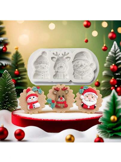 Three Santa Claus, Elk, Christmas Snowman, Snowflake Silicone Molds, Christmas Fondant Molds, Christmas-Themed Silicone Fondant Mold Set, 3D Santa Claus Fondant Molds, DIY Christmas Snowman And Reindeer Pudding Chocolate Fondant Cake Decoration Baking Supplies, Kitchen Baking Tools, Christmas Decoration Supplies.
