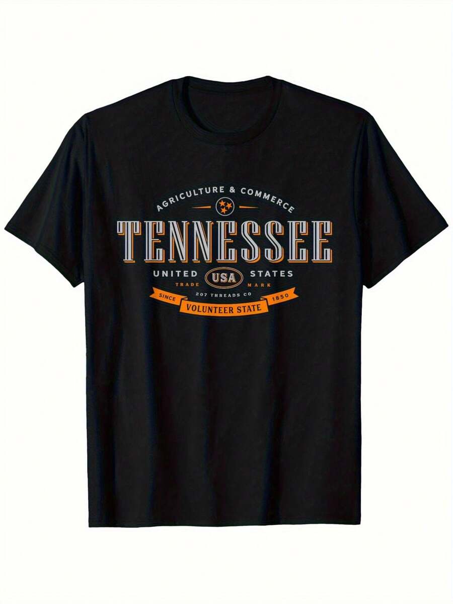 Camiseta gráfica del estado de Tennessee para hombres - Negra, mezcla de algodón transpirable, casual y cómoda, cuello redondo, manga corta, ideal para actividades al aire uso diario, ropa de exterior| Diseño del estado de voluntarios| Ajuste cómodo, talla grande - Negro - Ver 1