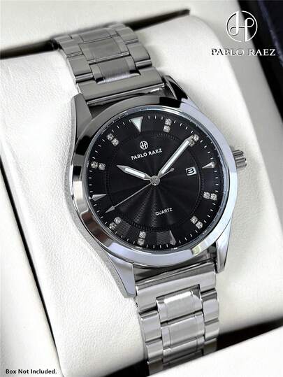 Pablo Raez PABLO RAEZ 1pc Stainless Steel Men's Watch Black Suit Gentleman Wristwatch Top Brand New Luxury 50M Water Resistant Silver Color Jewelry Non Tarnish Simple Calendar Clock Men's Solid Bracelet Steel Chain Quartz Watch Fashion Diamond Scale High Level Business Wristwatch For Daliy Use Luminous Hand Gift For Father Or Male Friends Birthday Graduation Wedding Presents