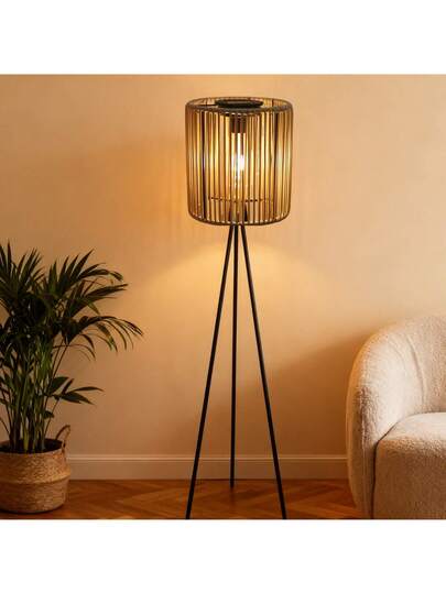 1pc made Rattan Vertical Solar Lamp, Metal Tripod Lantern, Rustic Vloer le Outdoor As Family Friends, Perfect Choice Souvenirs, Adding Natural Warm Atmosphere To Indoor/Outdoor Spaces, Versatile Camping, Garden, Patio, Pathway ation