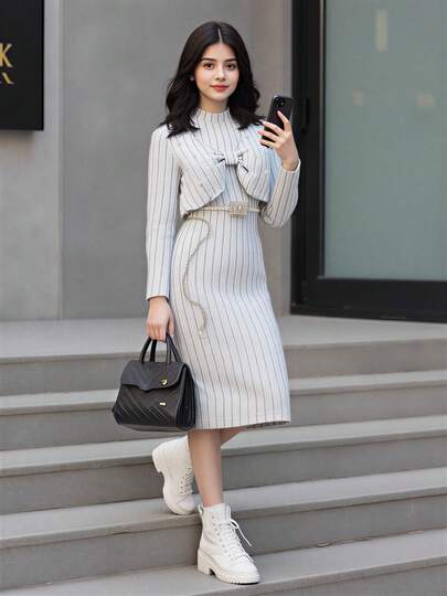 2pcs Girls Casual Outfit Set, Pearl Decor Long Sleeve Top & A-Line Hem Dress, Elegant Outerwear For Spring/Autumn