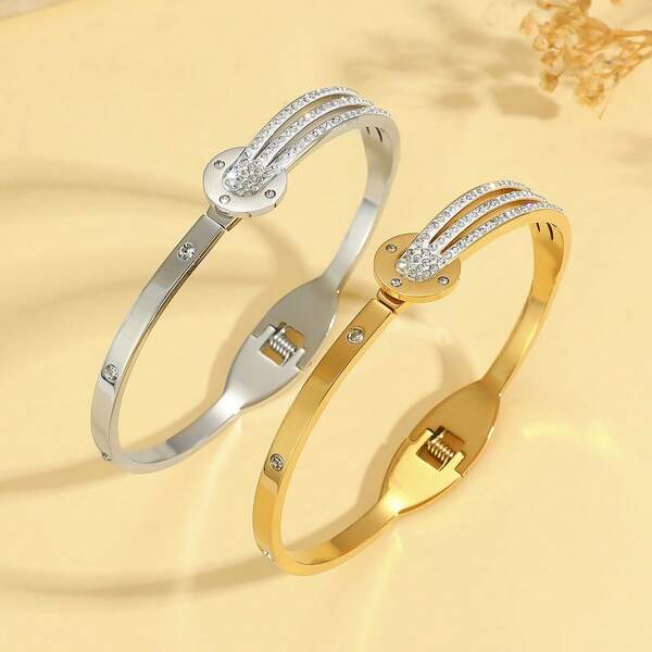 2pcs Luxury Sparkling Four-Leaf Clover Zirconia Stainless Steel Bracelet For Women, Suitable For Multiple Occasions