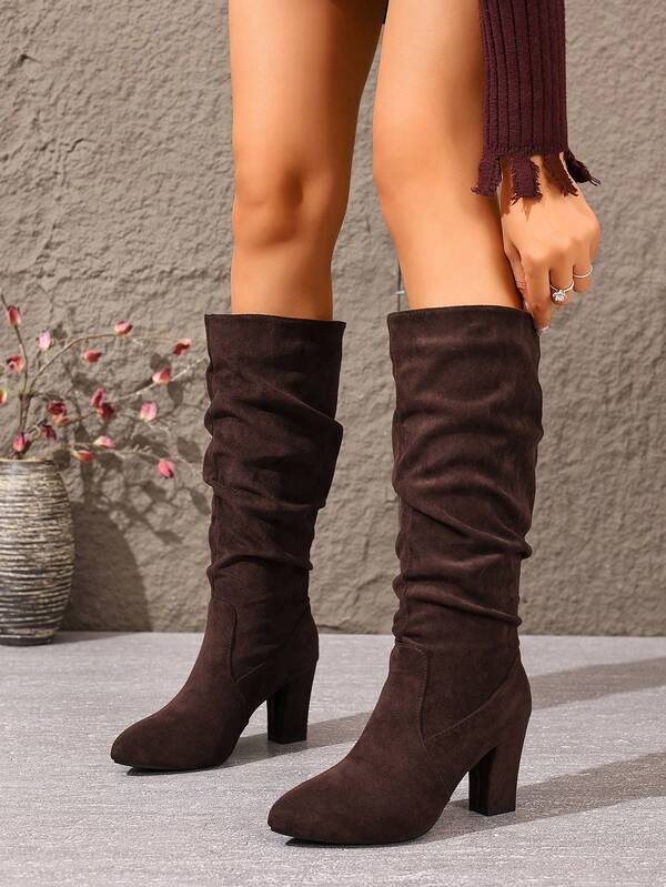 Petite Pointed Toe Over-The-Knee Boots, 2025 Autumn/Winter New High Heel Pleated Boots For Women, Suede Elastic Slim Slouchy Chunky Heel Tall Fashionable Boots