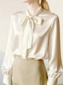 White Blouse Women Spring & Autumn Long Sleeve Office Shirt, Elegant Bow Decor Chiffon Flowy Top