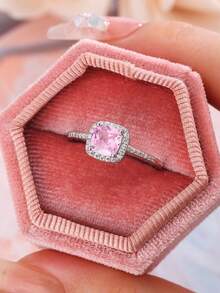 Luxury S925 Sterling Silver Four-Claw Square Geometric Couple Rings Jewelry For Women - Pink - View 3