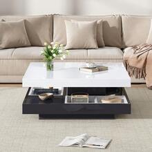 Functional Coffee Table With High-Gloss Surface, Living Room Table, 360° Rotating 2-Tier Table With Storage Drawer, White Lounge Table, Black Frame 70*70*36 - Black + White + Particle Board - View 4