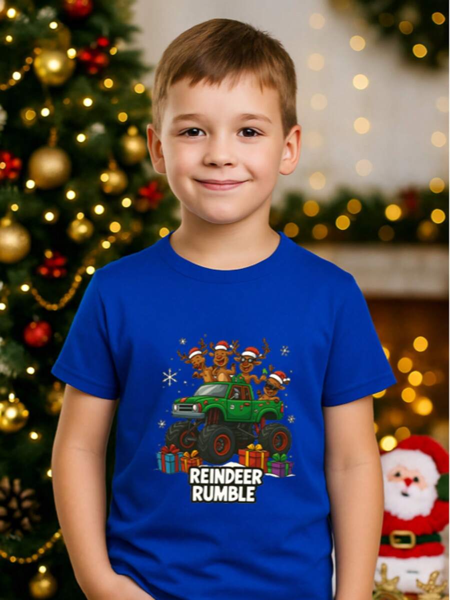 Camiseta navideña Reindeer Rumble de monster truck para pequeños de 3 a 12 años, fabricada en 100% algodón, con manga corta y cuello redondo. - Azul - Ver 1