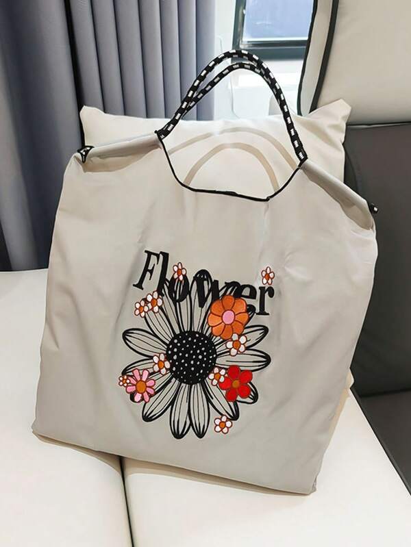 1 Stück Chrysanthemen-bestickter dicker Nylon Lässig Shopper, große Kapazität, geeignet für Einkaufen, Reisen, Pendeln, neue Herbst Damen Schulter Umhängetasche