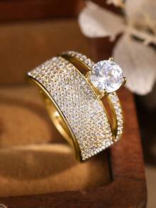 Caixa de presente de luxo com zircônia cúbica empilhável, anéis dourados, joias elegantes da moda adequadas para casamento e presente - Ouro - Ver 2