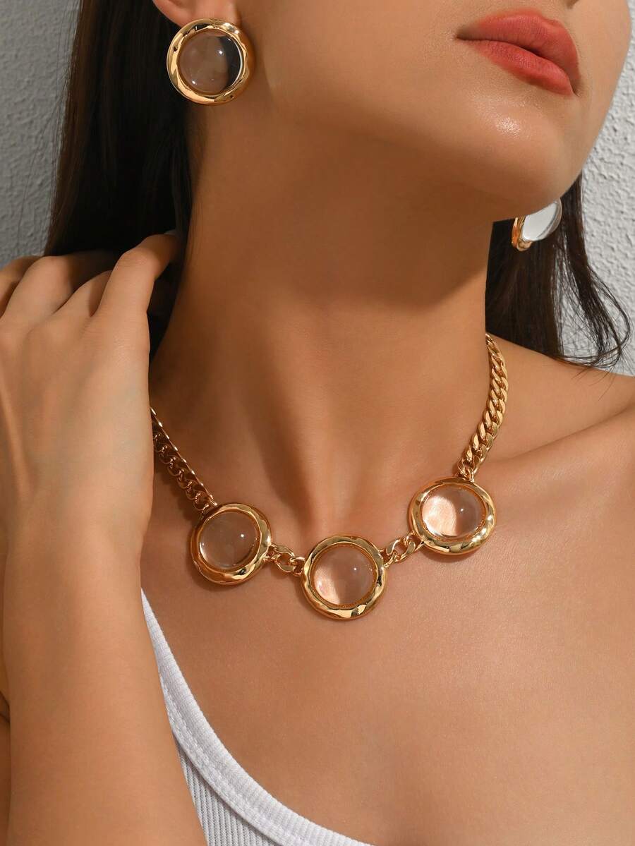 1 Set de Joyas de Collar y Aretes con Incrustaciones Acrílicas de Círculos Geométricos, Conjunto de Joyas de Estilo Metálico, Joyas Geométricas, Joyas de Uso Diario, Accesorios de Ropa, Regalo de Fiesta
