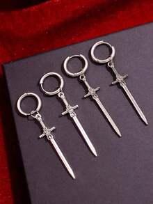 1Pair Gothic Vintage Sword Alloy Earrings Women Man Fashion Cool Punk Rock Party Jewelry Accessories Fantasy Ear Hooks - 銀色 - 查看 3