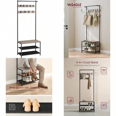 Hall Tree With Bench And Shoe Storage Entryway Bench With Coat Rack Stand And Shoe Rack 9 Movable Hooks Top Bar Fabric Shees Industrial Greige And Black UHSR411B02