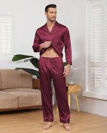 BigKing Men's Silk Satin Pajama Set, Soft Long Sleeve Button Down Pyjama Set - Grey - View 3