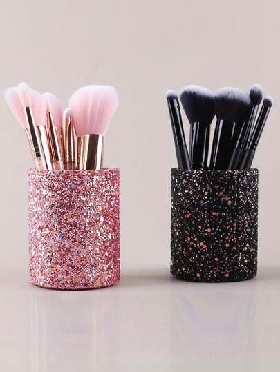 Glitter Makeup Brush Holder – Sparkling Pink & Black Sequin Cosmetic Organizer For Women, Large Capacity Travel Toiletry Bag, Stylish Pencil Case, Perfect For Brushes & Beauty Essentials, Travel Makeup Storage | Glittery Exterior | Durable Organizer