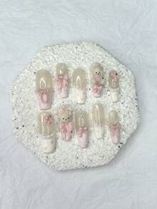 10片可爱3D蝴蝶结泰迪熊、粉色法式美甲贴片、卡哇伊兔子、长款假指甲，带珍珠、爱心、波点、闪粉，美甲用品（1片果冻贴纸+1把指甲锉） - 粉色 - 查看 3
