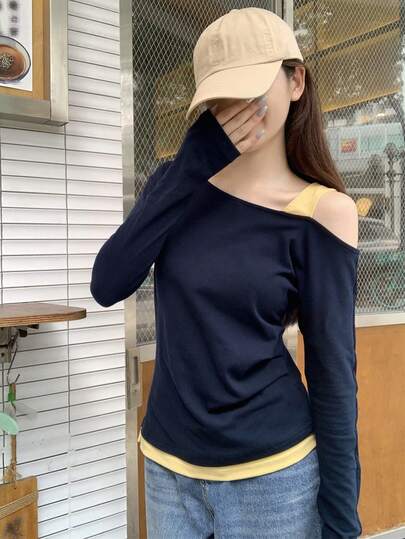 撞色二合一/解构不对称休闲长袖T恤，女士款，春秋季
