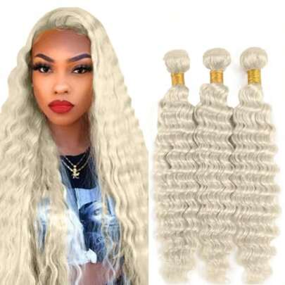 D#88 Platinum Blonde Bundles Human Hair Deep Wave Bundles 22 24 26 Inch 3 Bundle Unproced Brazilian Virgin Hair Platinum Blonde Deep Wave Human Hair Extensions 50 Gram Per Bundle
