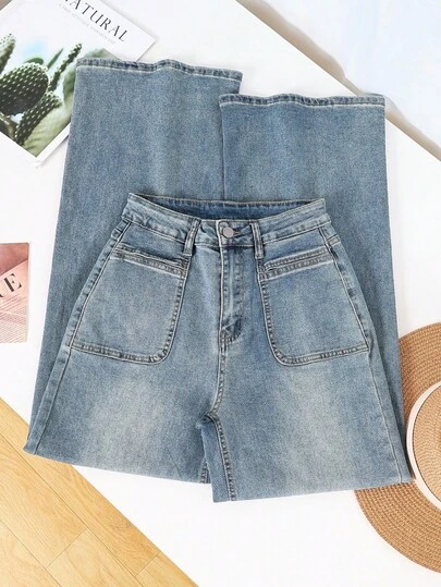 HIMARRI Jeans largos de mezclilla de pierna ancha para mujer, estilo casual, tela muy elástica con detalle único de cintura escalonada