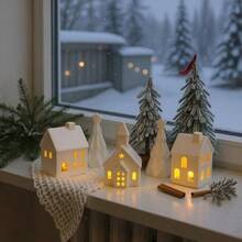 Village Sets - Ceramic Decorations 5Pcs - Porcelain Farmhouse Village, 3 Lighted House Figurines And 2 Pine Trees, Tabletop Xmas Decor Home, Winter Holiday Display