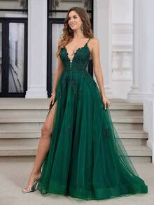 Lace Applique A Line Spaghetti Strap Mesh Formal Prom Dress Backless Cross Lace Up Backless High Split Lace Evening Party Gown Long Homecoming Party Dresses For Teens, For Valentine's Day Wedding - Army Green - View 7