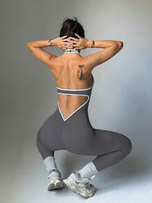 Women's Halter U-Neck Yoga Jumpsuit, Contrasting Color Hem High Elastic Backless Fitness Jumpsuit, Butt Lifting Tight Sportswear, Universal Training Clothing For All Seasons - 灰色 - 查看 1