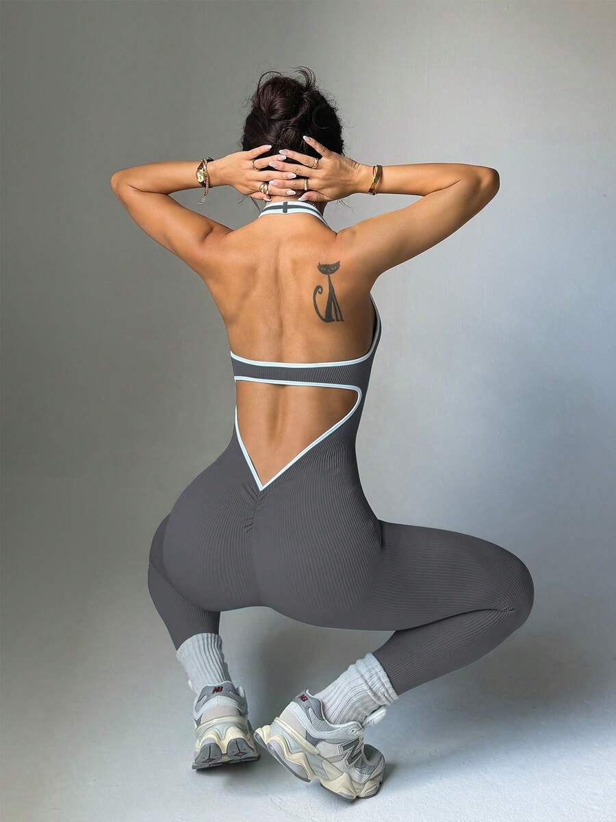 Women's Halter U-Neck Yoga Jumpsuit, Contrasting Color Hem High Elastic Backless Fitness Jumpsuit, Butt Lifting Tight Sportswear, Universal Training Clothing For All Seasons - 灰色 - 查看 1